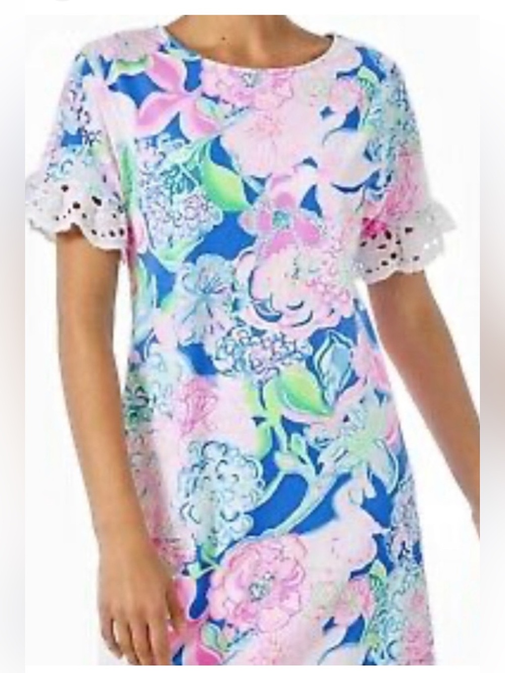 Lilly Pulitzer Helina dress vibrant signature floral eyelet sleeves 100%cotton